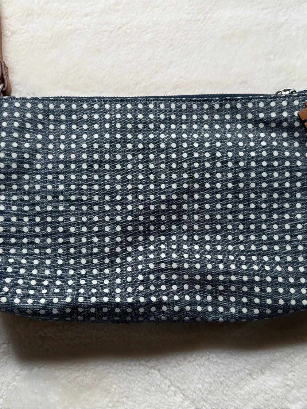 Fossil Navy Polka Dot Crossbody Bag Cognac Brown Trim Adjustable Strap